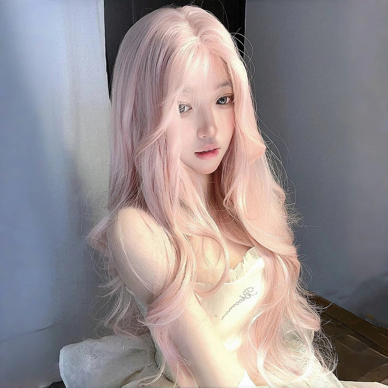 Strawberry-colored long curly hair full head wig cosplay with a bangs and big waves for a natural, girly look