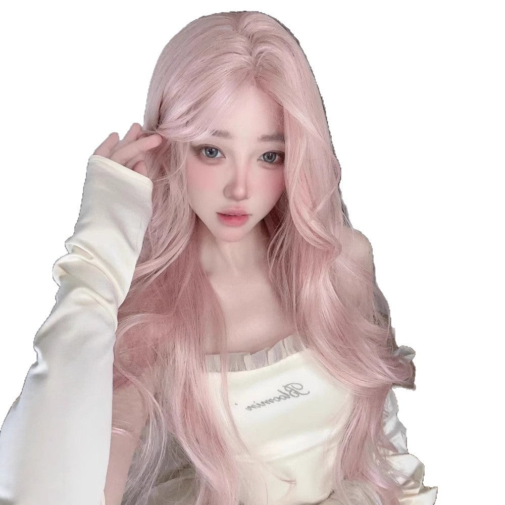 Strawberry-colored long curly hair full head wig cosplay with a bangs and big waves for a natural, girly look