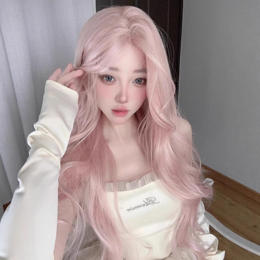 Strawberry-colored long curly hair full head wig cosplay with a bangs and big waves for a natural, girly look