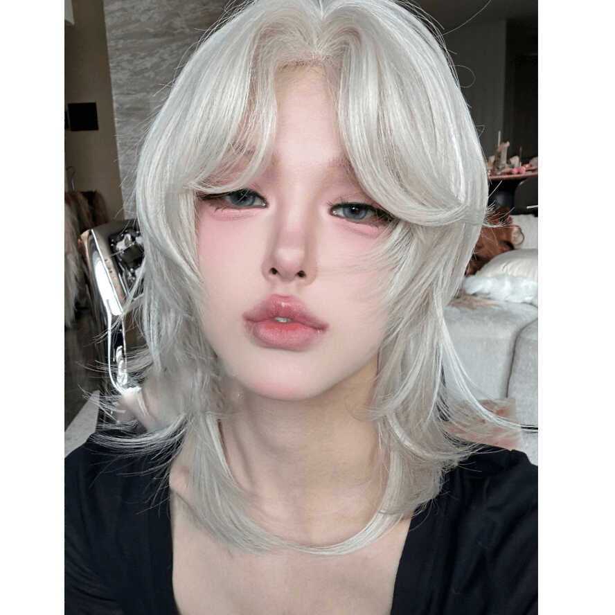Lace wolf tail short curly hair cos platinum blonde personalized curly hair medium parted high level wig