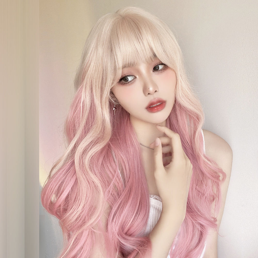 Platinum gradient pink long curly hair with a natural, trendy gradient bangs and big waves, a fashionable full-head wig.