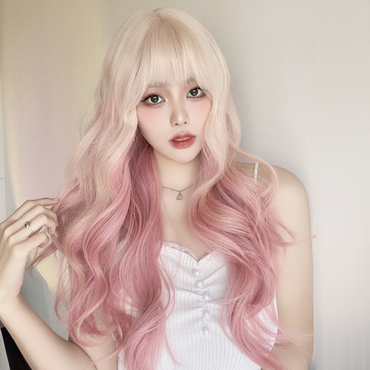 Platinum gradient pink long curly hair with a natural, trendy gradient bangs and big waves, a fashionable full-head wig.