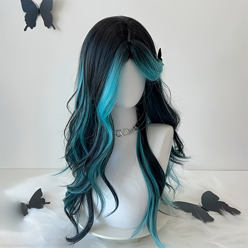Long curly hair with bangs, highlighted and parted in the middle, full-head wig with elegant style