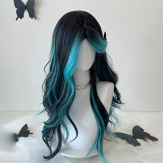 Long curly hair with bangs, highlighted and parted in the middle, full-head wig with elegant style