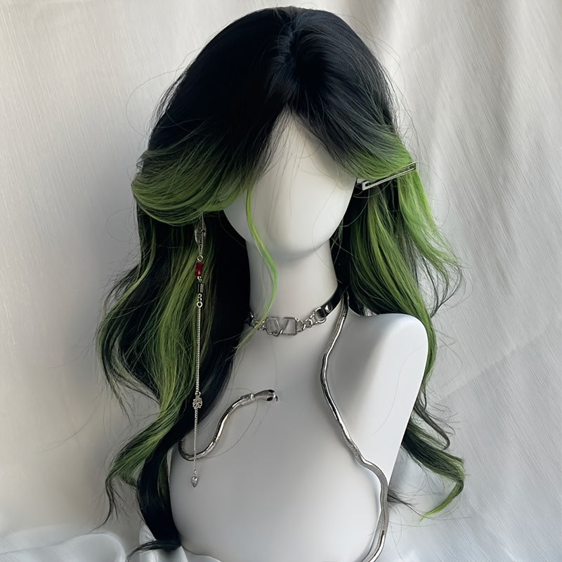 Long curly hair with bangs, highlighted and parted in the middle, full-head wig with elegant style