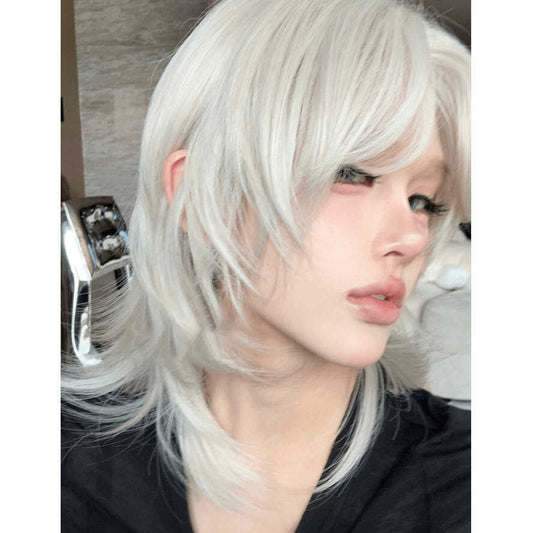 Lace wolf tail short curly hair cos platinum blonde personalized curly hair medium parted high level wig