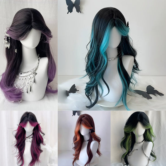 Long curly hair with bangs, highlighted and parted in the middle, full-head wig with elegant style