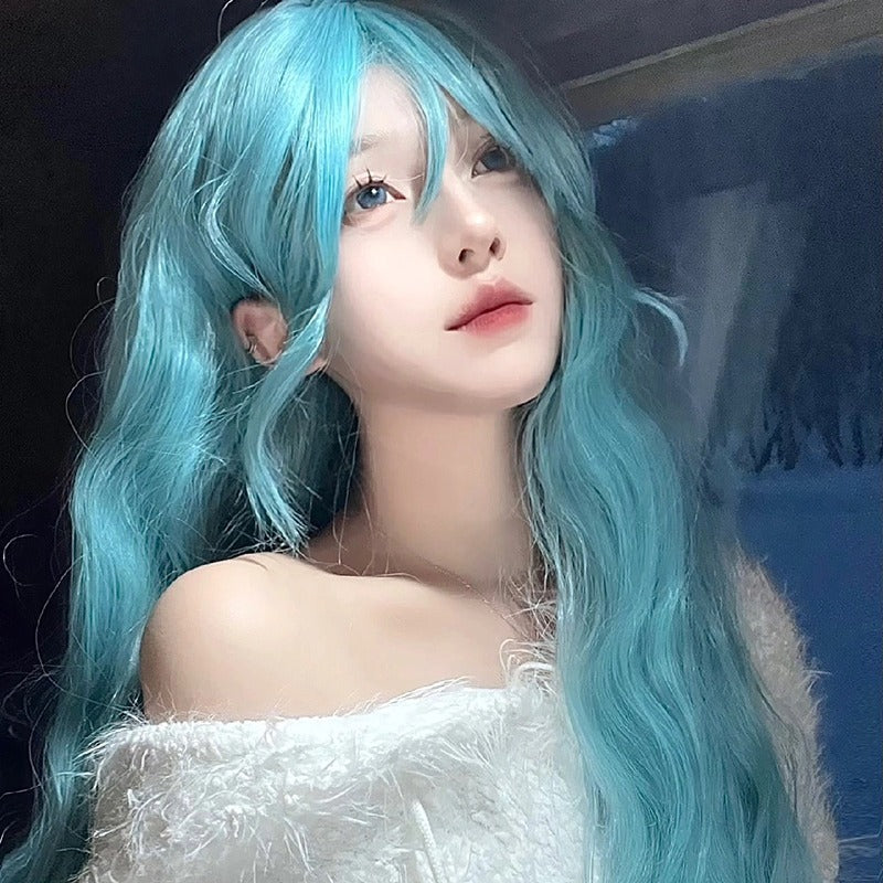 Blue cute wig with curly waves and big waves, full head cover, lazy lolita style