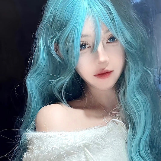Blue cute wig with curly waves and big waves, full head cover, lazy lolita style