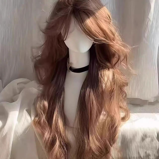 Center-parted, finely crafted, milky white golden egg curl long curly hair full head wig