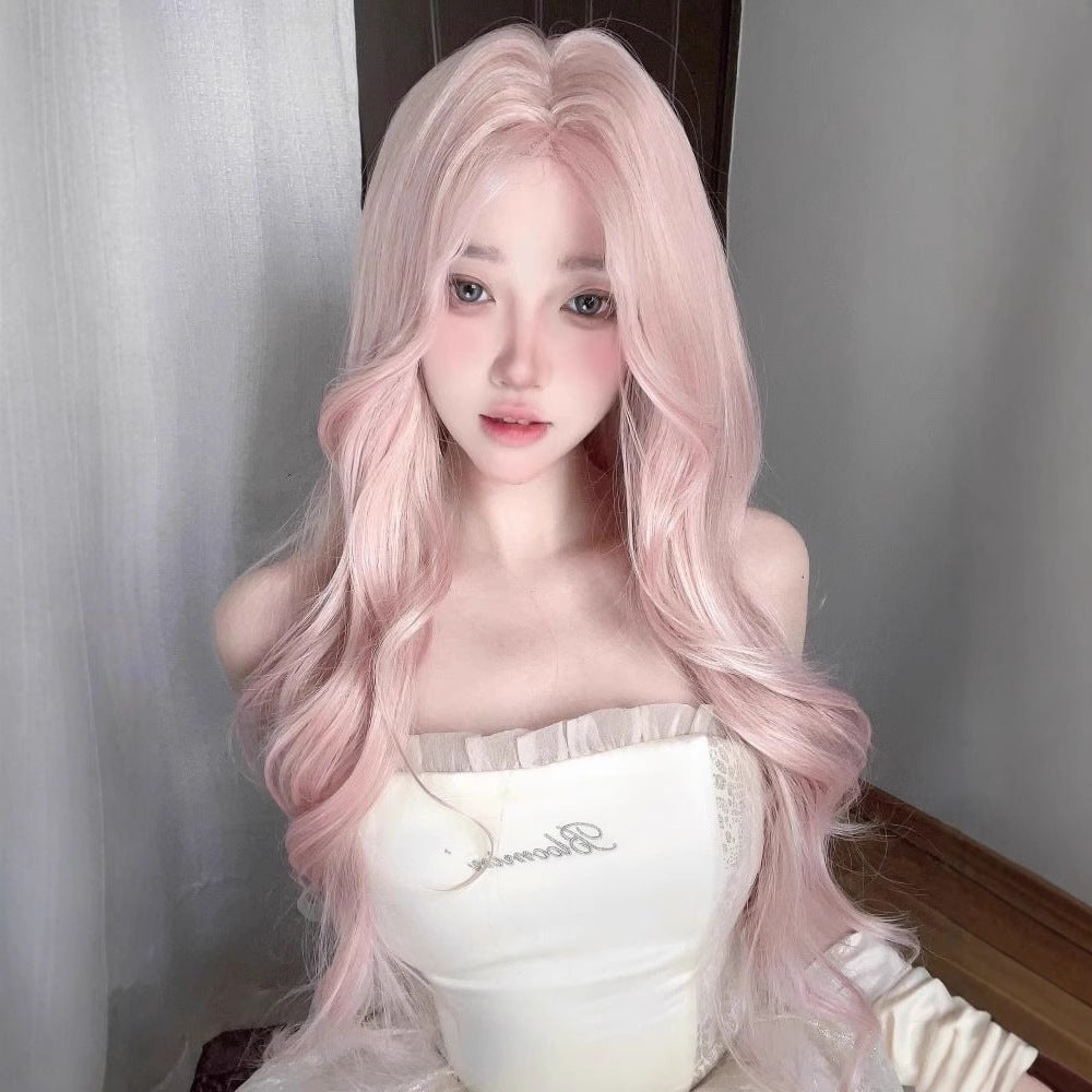 Strawberry-colored long curly hair full head wig cosplay with a bangs and big waves for a natural, girly look