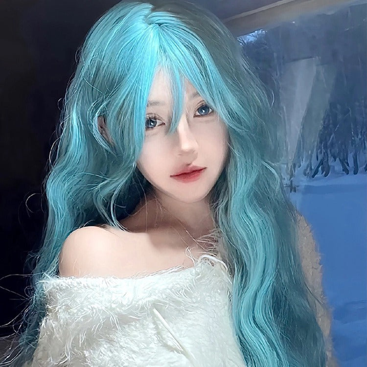Blue cute wig with curly waves and big waves, full head cover, lazy lolita style