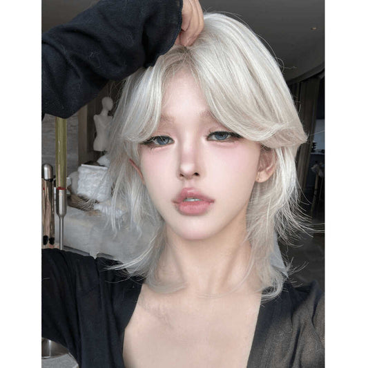 Lace wolf tail short curly hair cos platinum blonde personalized curly hair medium parted high level wig